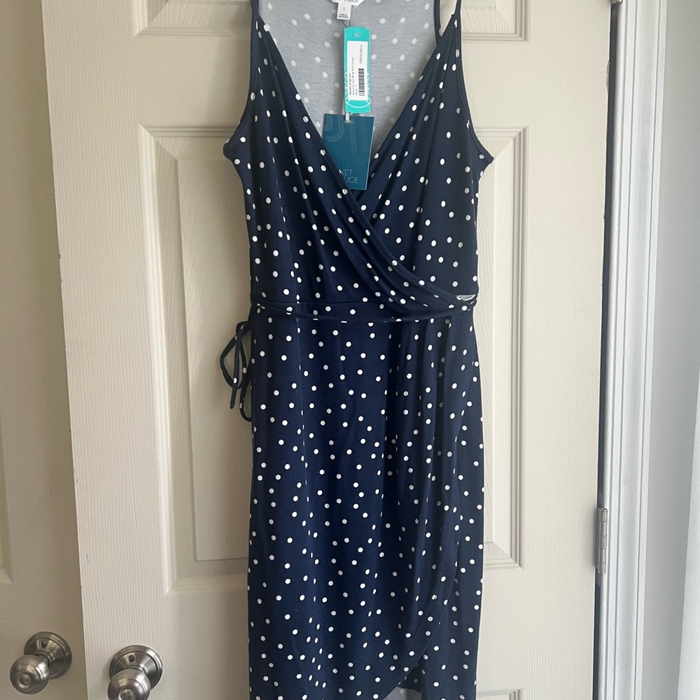 Market & Spruce Navy Polka Dot Faux Wrap Dress